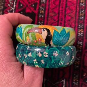 Vintage Hand-Painted Toucan & Floral Wooden Bangle Set - Teal Green